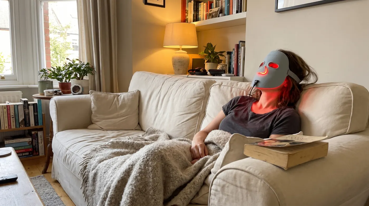 Woman relaxing on a sofa wearing the Louvaine LED therapy mask glowing red